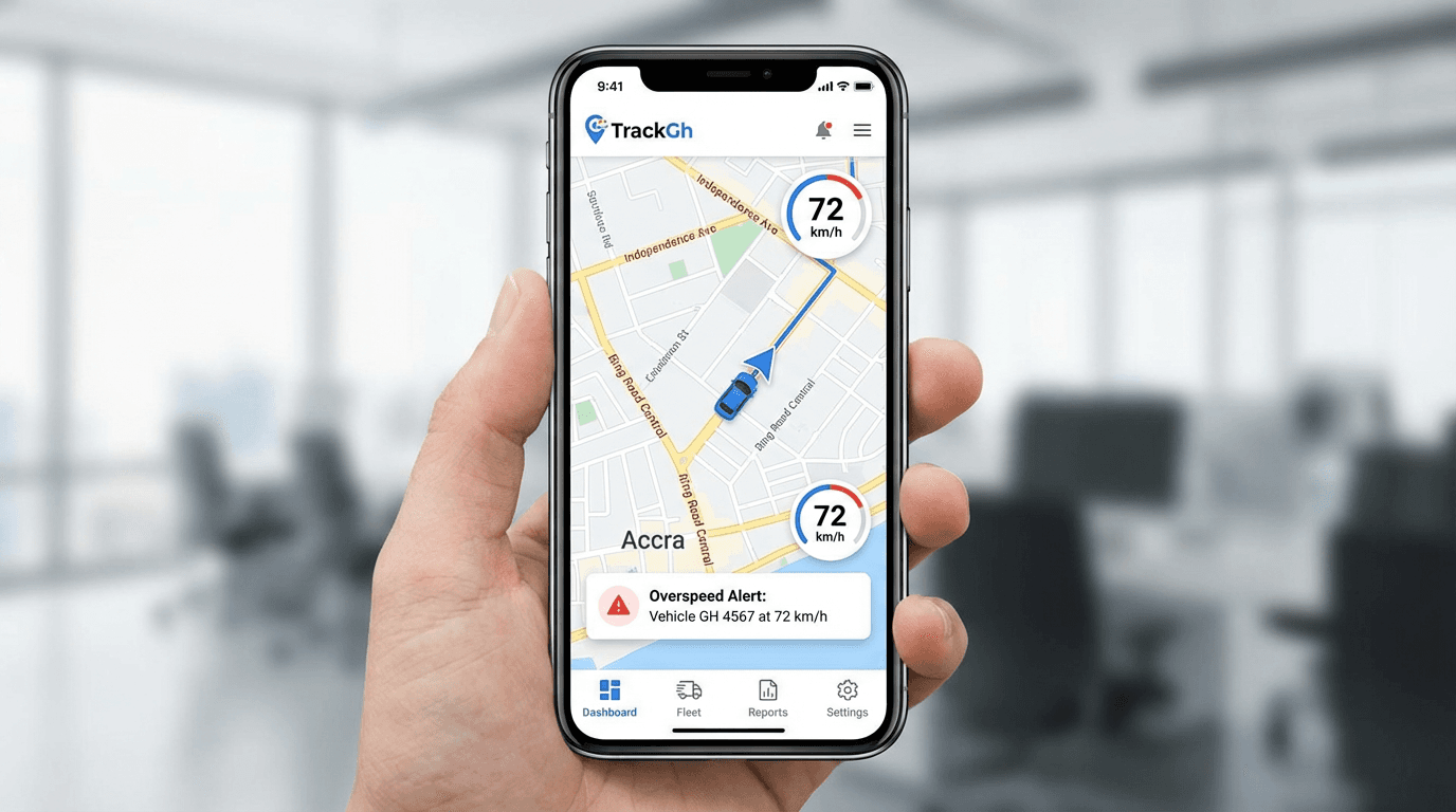 Smartphone displaying GPS vehicle tracking app with map and vehicle location