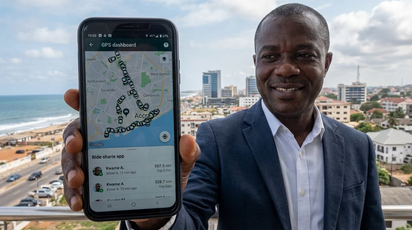 Bolt and Uber fleet vehicles parked in Accra with GPS tracking dashboard on phone