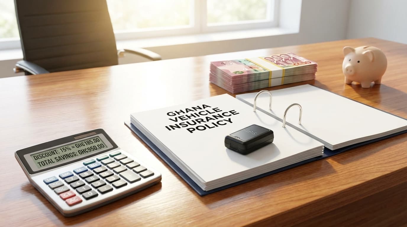 Car insurance document with GPS tracker and calculator showing savings