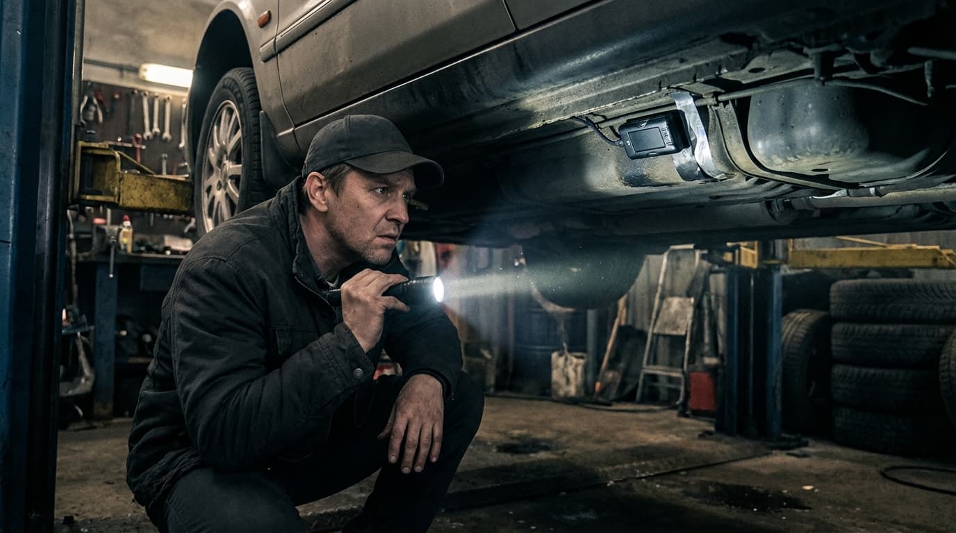 Person inspecting car undercarriage for hidden GPS tracking devices