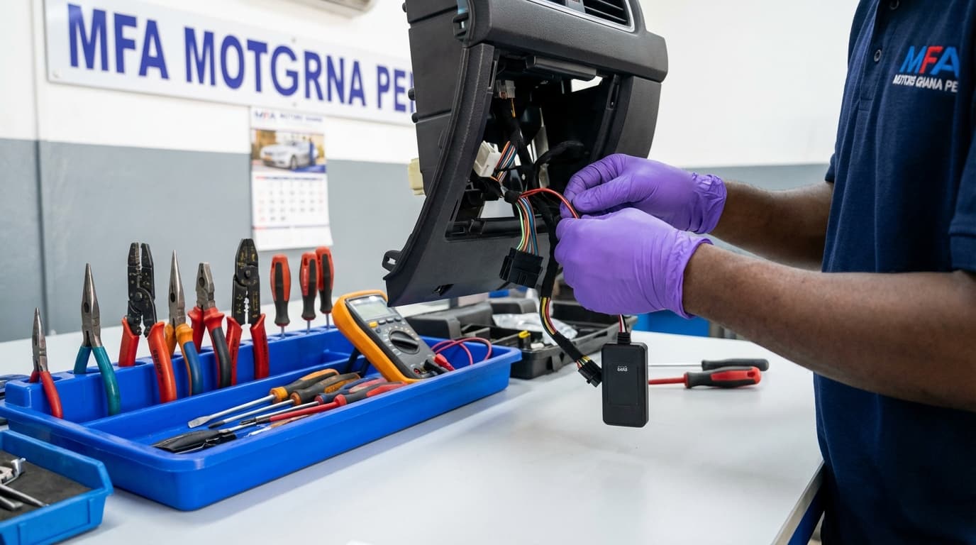 Professional technician installing GPS tracker in car dashboard