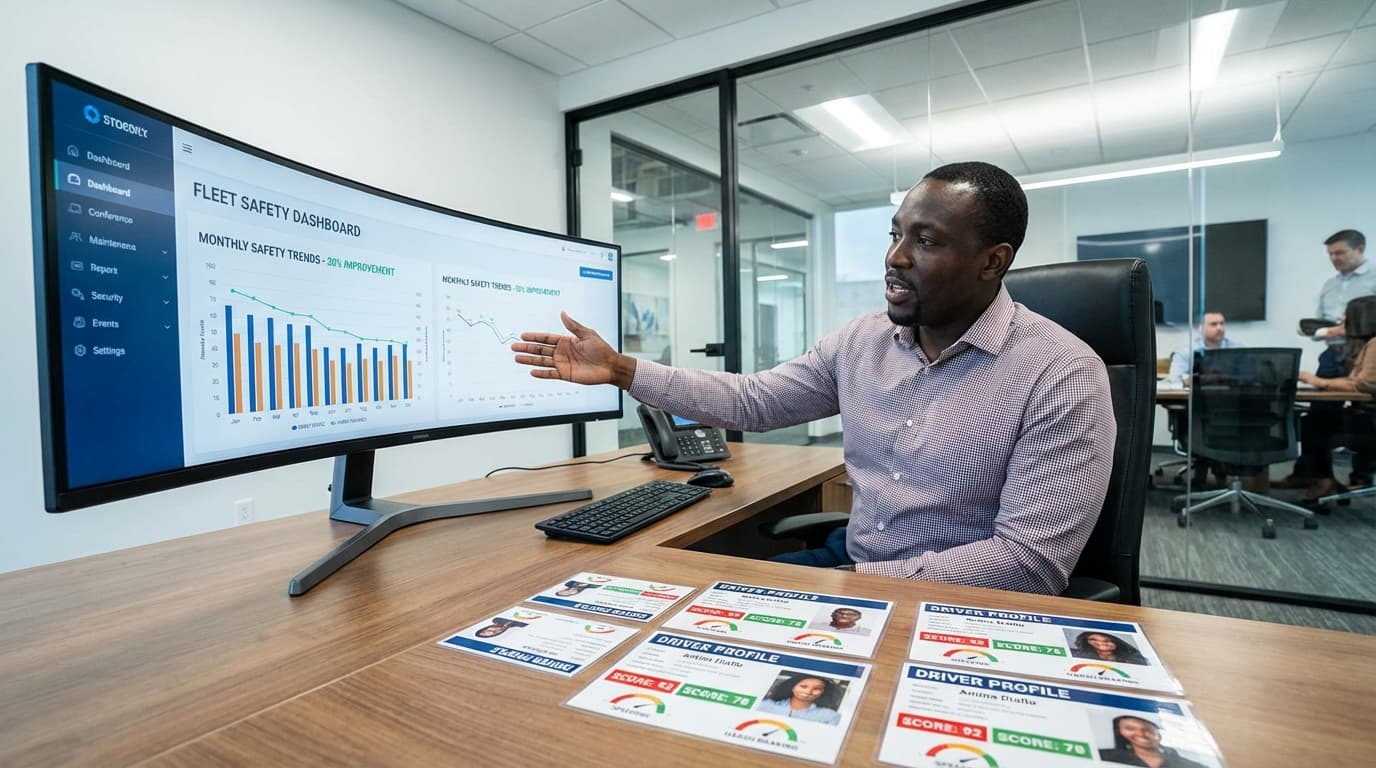 Fleet manager reviewing driver scorecard dashboard with performance metrics