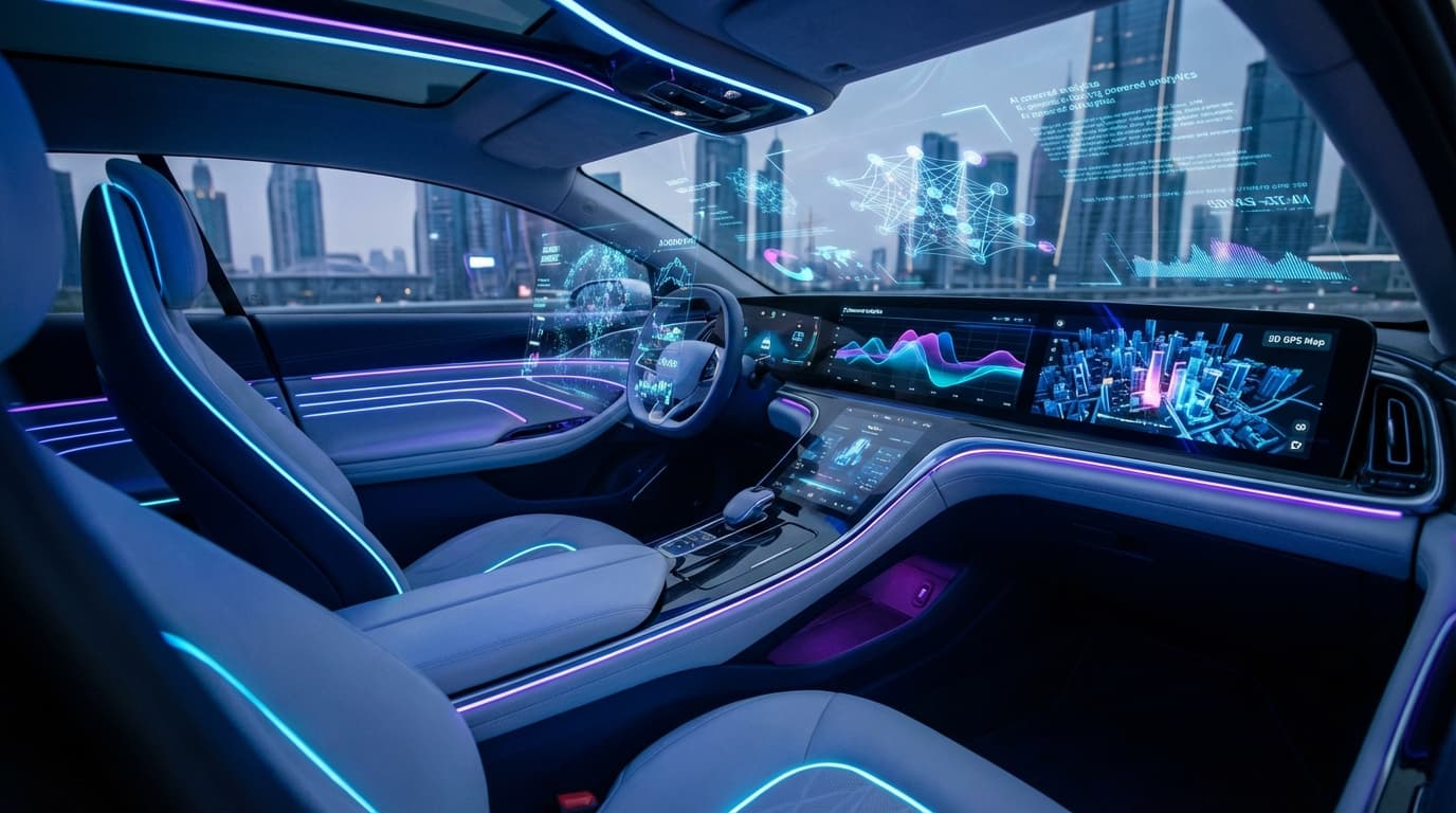 Futuristic vehicle dashboard showing AI-powered GPS tracking and analytics