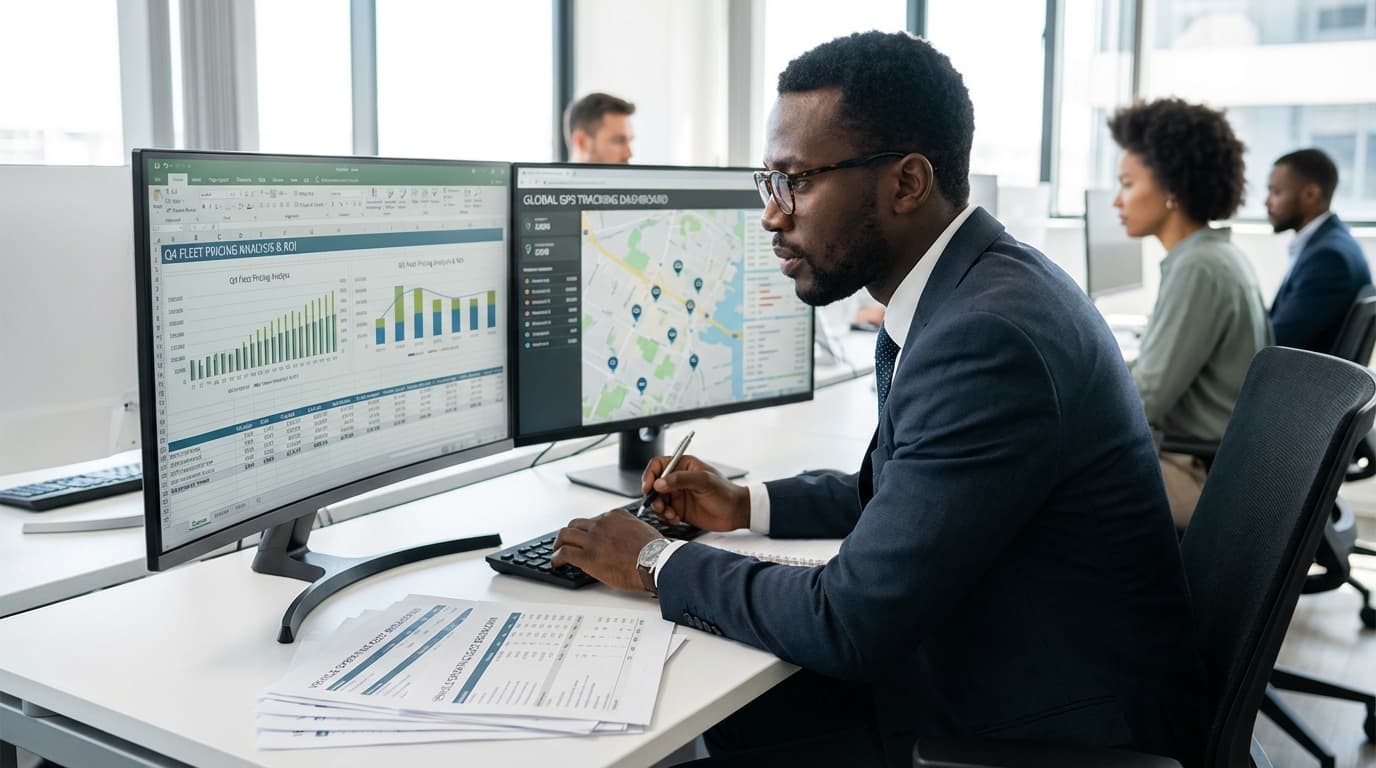 Fleet manager reviewing GPS tracking pricing and cost comparison on computer in Ghana office