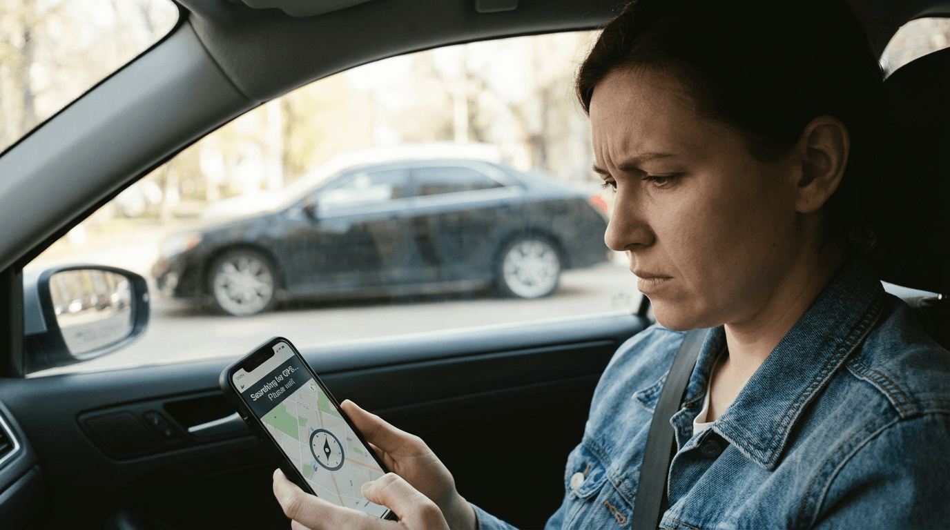 Person troubleshooting GPS tracker app on smartphone showing error