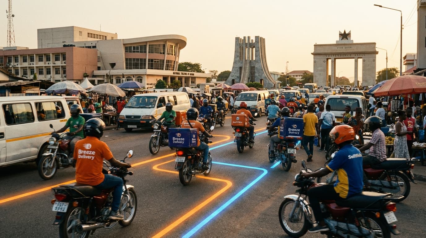Water tanker truck in Accra with GPS tracking dashboard showing route and fuel alerts