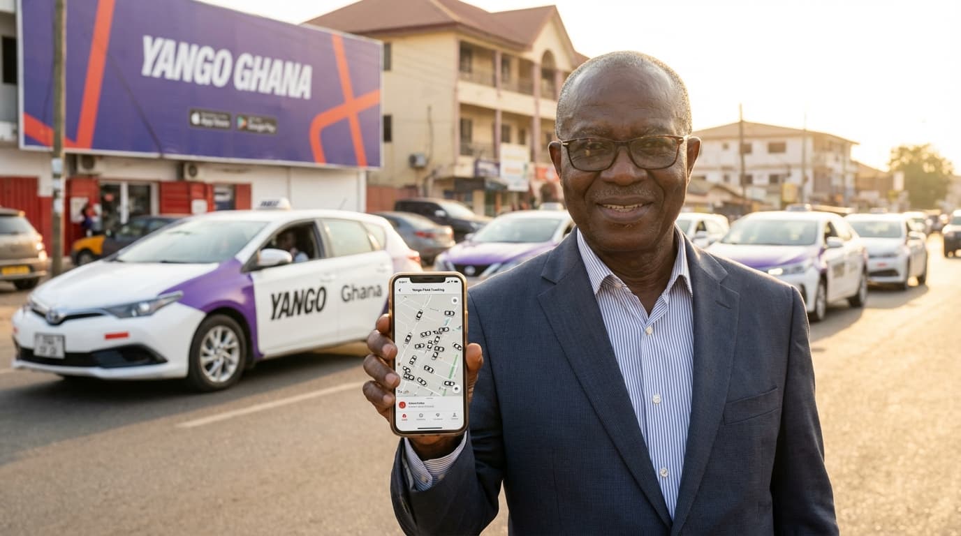 Yango fleet vehicles in Accra with GPS tracking dashboard on smartphone screen