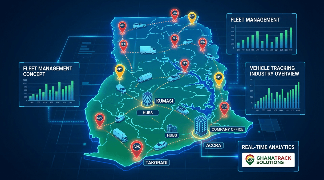 Map of Ghana with GPS tracking company locations marked