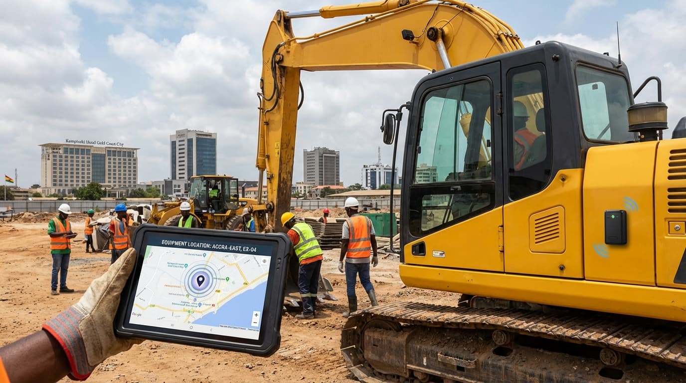 GPS tracker installed on construction excavator on active building site in Accra Ghana
