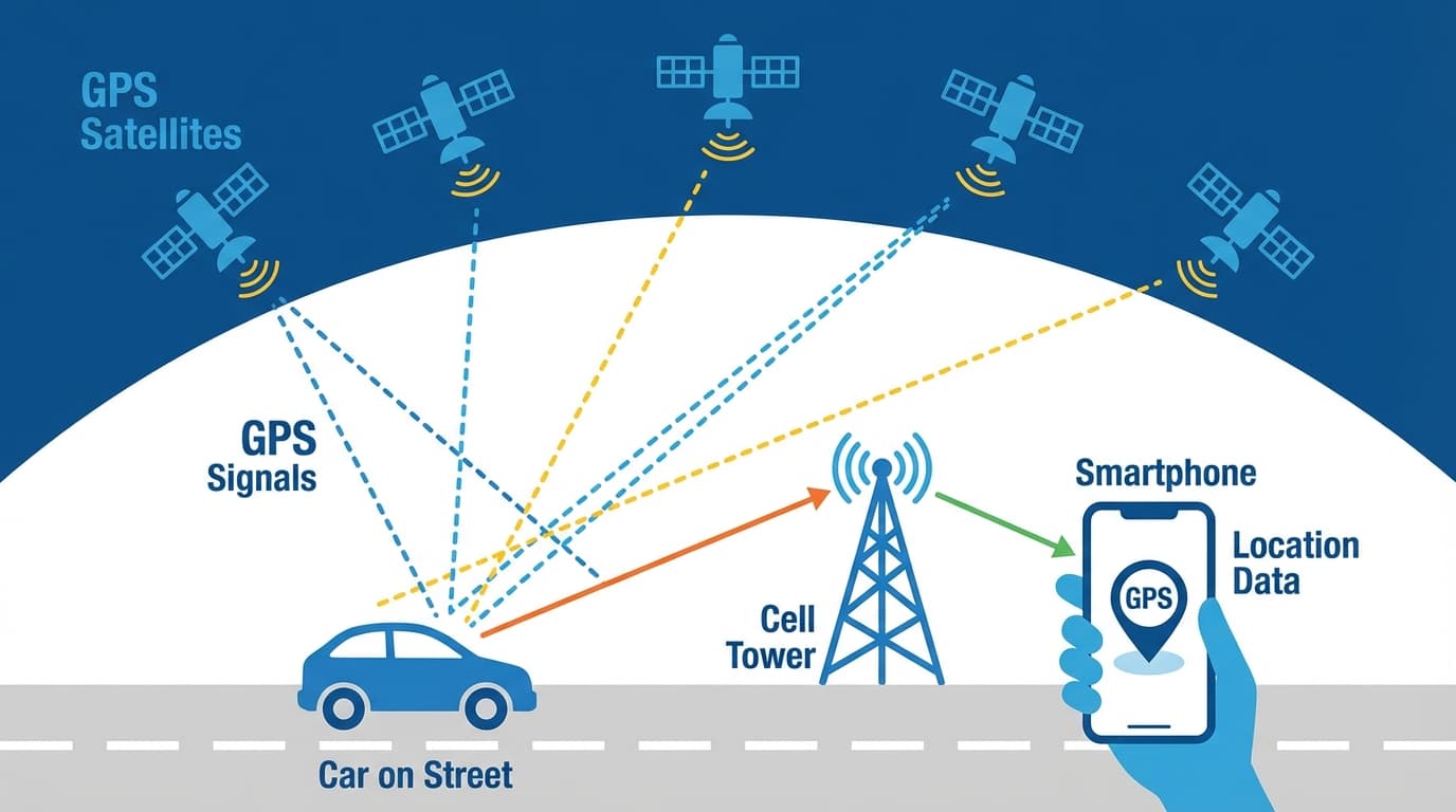 Diagram showing GPS satellite signals connecting to a car tracker and smartphone app in Ghana
