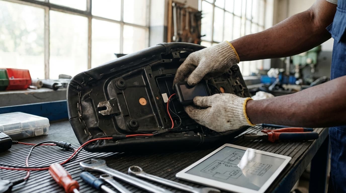 Professional installing GPS tracker on a motorcycle in Accra workshop