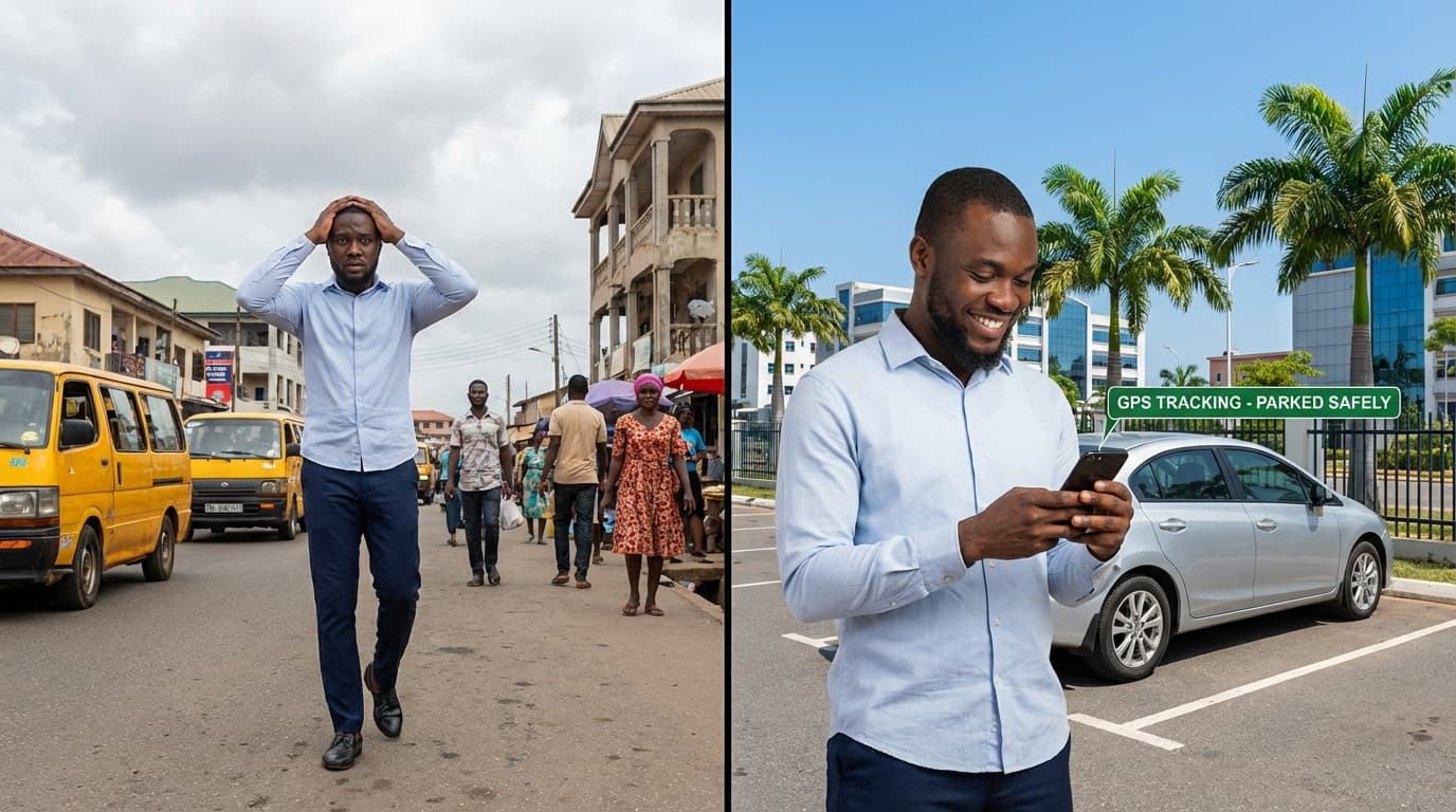 Car owner checking GPS tracker app with recovered vehicle in background