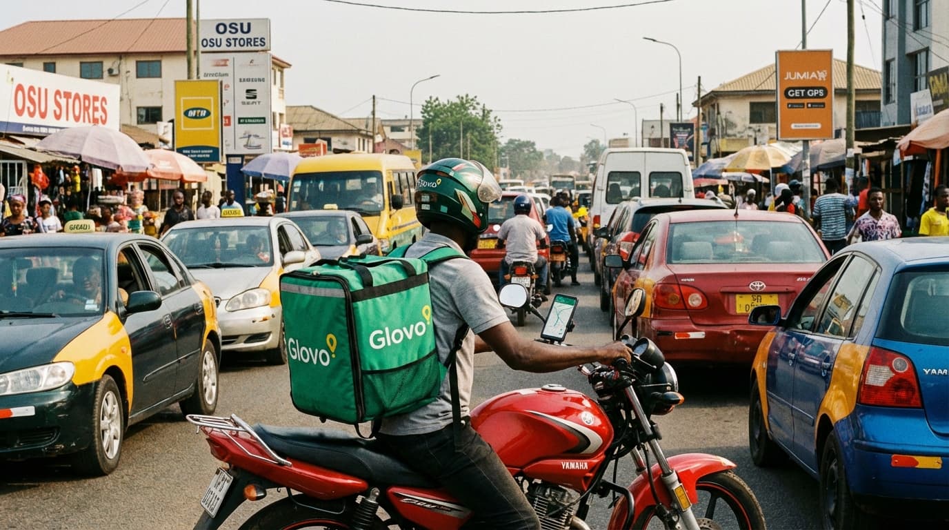Delivery rider on motorcycle with GPS tracking app showing route in Accra