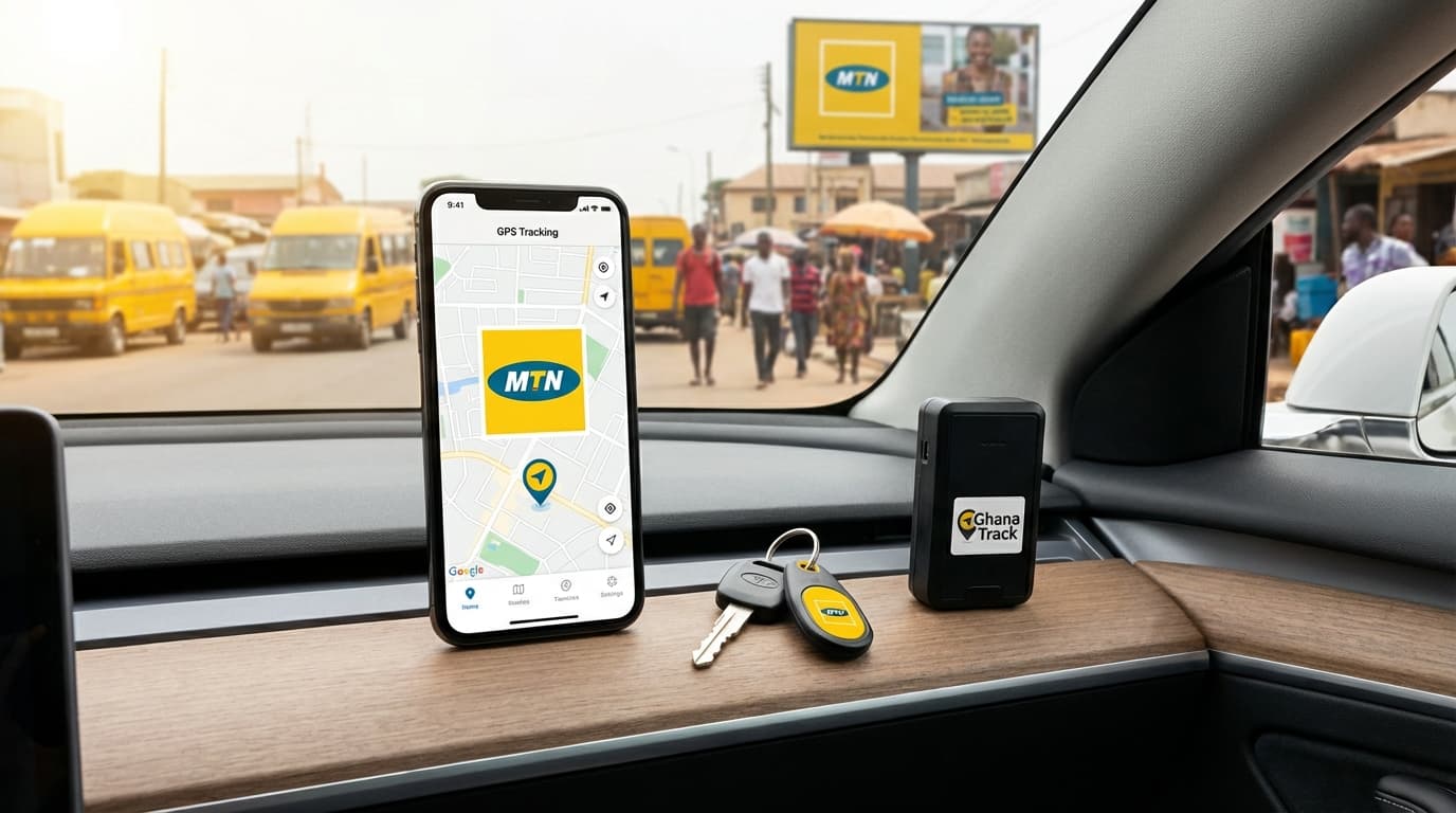 MTN vehicle tracking device and mobile app interface displayed on phone