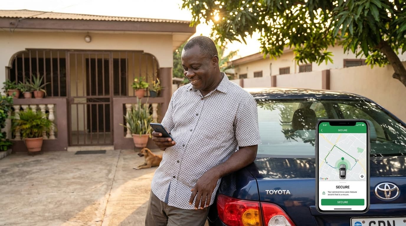 Car owner checking GPS tracker app on smartphone with personal vehicle