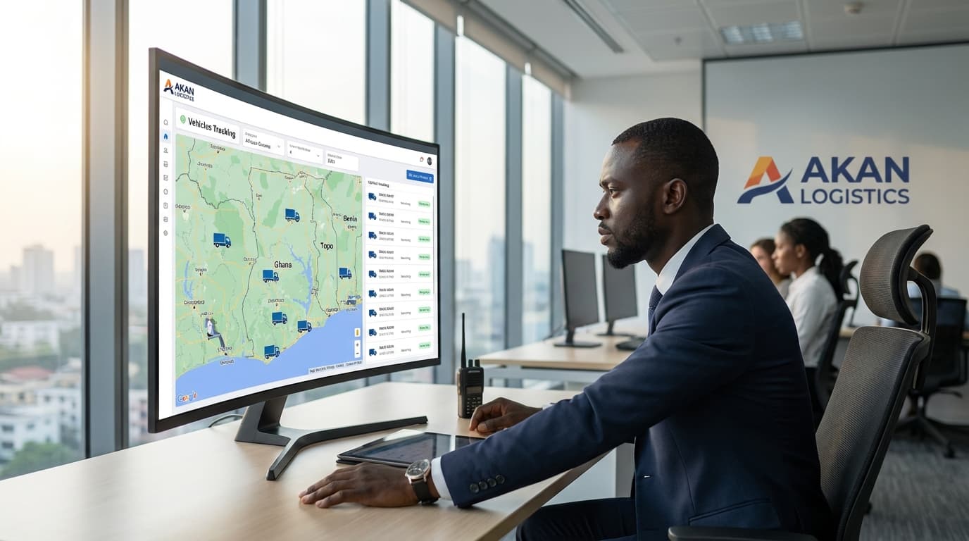 Fleet manager viewing real-time vehicle positions on dashboard in Accra office