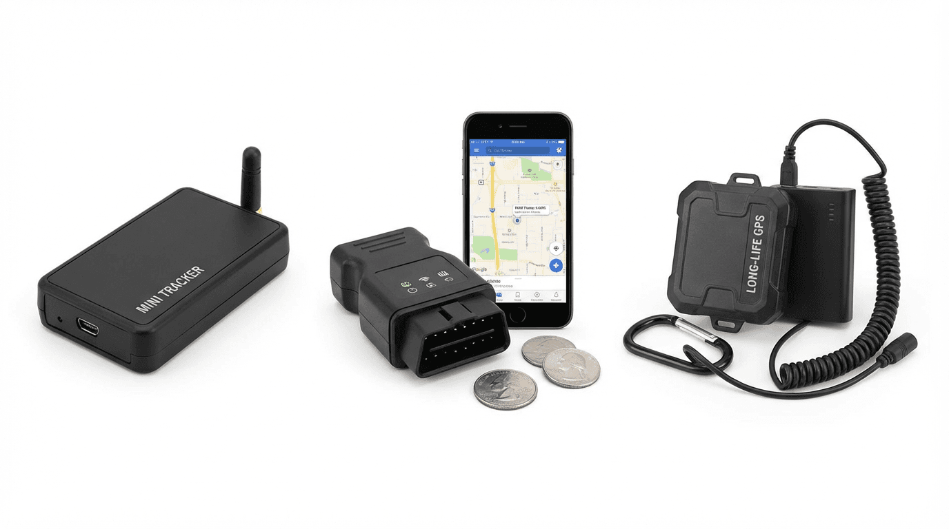 Different types of GPS car trackers displayed side by side for comparison