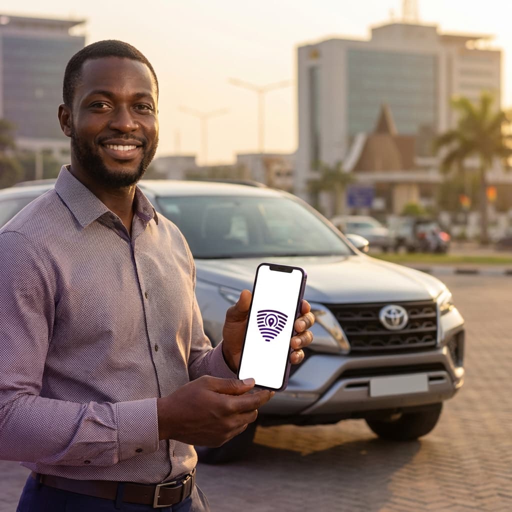 AcesTrack GPS vehicle tracking app showing real-time car location in Accra, Ghana