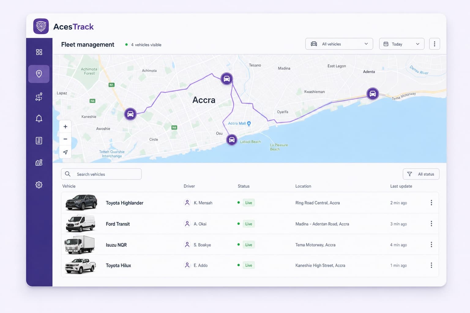 AcesTrack live fleet GPS tracking dashboard and mobile app showing vehicles in Accra