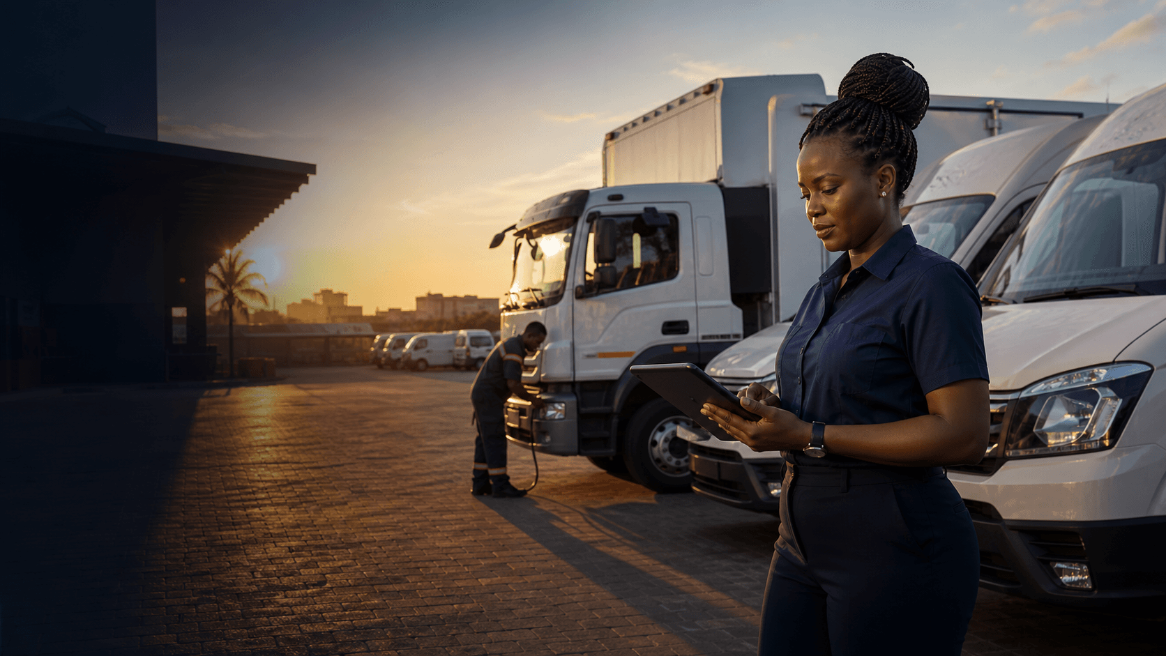 Ghanaian fleet manager reviewing fuel data beside commercial vehicles